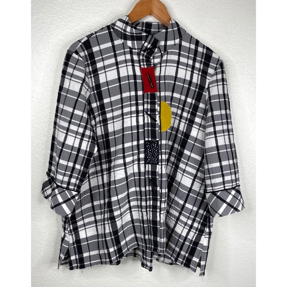 Ali Miles Women's Plaid Toggle Button Lagenlook Crinkle Artsy Black White Sz PL